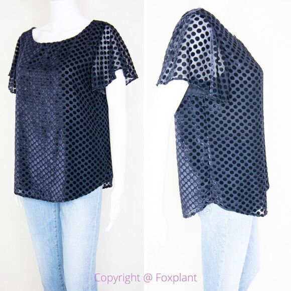 Loft flutter-sleeve navy blue top with dots keyhole back, women size S - Picture 15 of 16